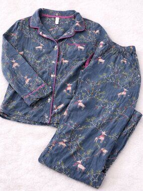 Women’s Flannel Pajama Set Small | Blue Pink Deer Print Button Down Cozy PJ Set